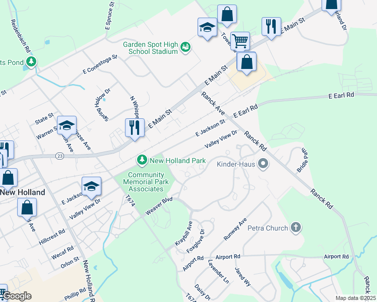 map of restaurants, bars, coffee shops, grocery stores, and more near 575 Valley View Drive in New Holland