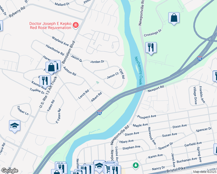 map of restaurants, bars, coffee shops, grocery stores, and more near 739 Cliff Road in Bensalem