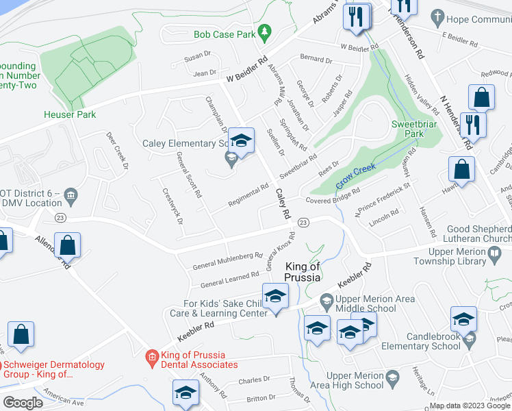 map of restaurants, bars, coffee shops, grocery stores, and more near 416 Covered Bridge Road in King of Prussia