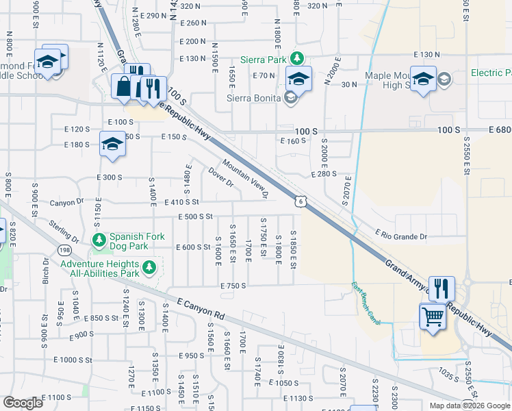 map of restaurants, bars, coffee shops, grocery stores, and more near 1722 East 410 South Street in Spanish Fork