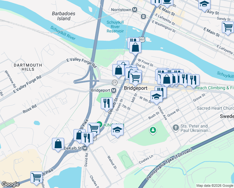 map of restaurants, bars, coffee shops, grocery stores, and more near 612 DeKalb Street in Bridgeport