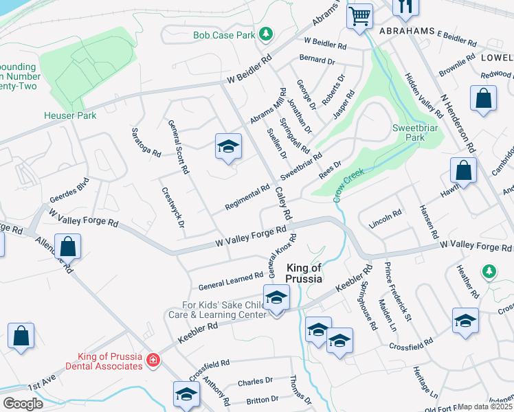 map of restaurants, bars, coffee shops, grocery stores, and more near 416 Covered Bridge Road in King of Prussia