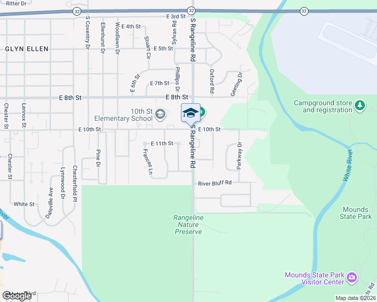 map of restaurants, bars, coffee shops, grocery stores, and more near 1111 North Rangeline Road in Anderson