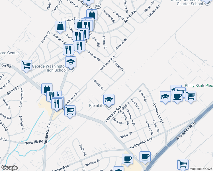 map of restaurants, bars, coffee shops, grocery stores, and more near 1200 Friel Place in Philadelphia
