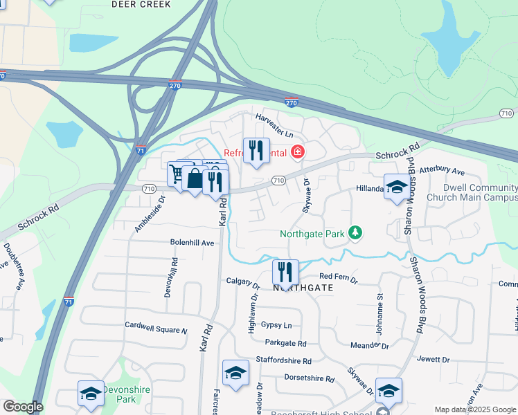 map of restaurants, bars, coffee shops, grocery stores, and more near 6680 Concourse Drive in Columbus