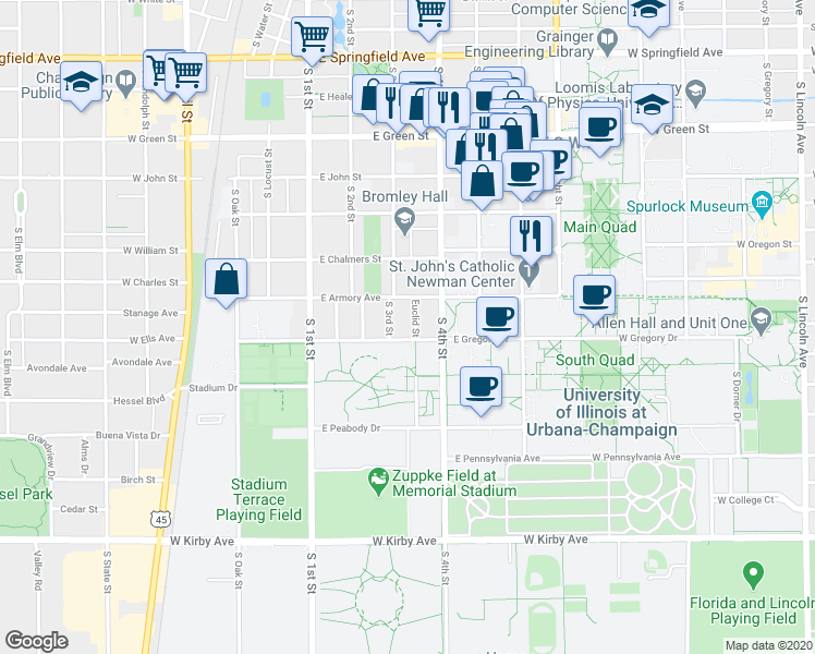 map of restaurants, bars, coffee shops, grocery stores, and more near 301 East Gregory Drive in Champaign