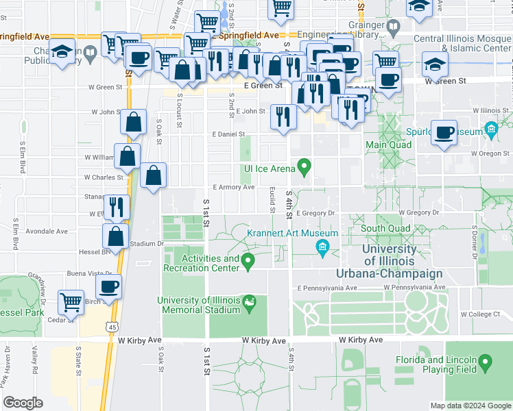map of restaurants, bars, coffee shops, grocery stores, and more near 216 East Gregory Drive in Champaign