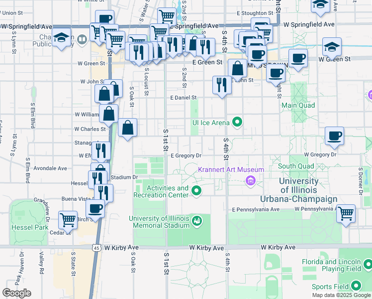 map of restaurants, bars, coffee shops, grocery stores, and more near 102 East Gregory Drive in Champaign