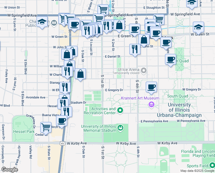map of restaurants, bars, coffee shops, grocery stores, and more near 102 East Gregory Drive in Champaign
