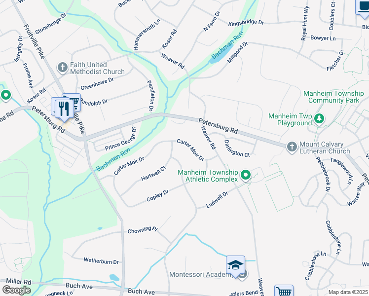 map of restaurants, bars, coffee shops, grocery stores, and more near 330 Carter Moir Drive in Lancaster