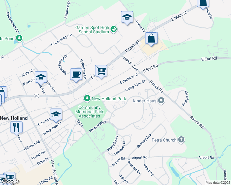 map of restaurants, bars, coffee shops, grocery stores, and more near 575 Valley View Drive in New Holland