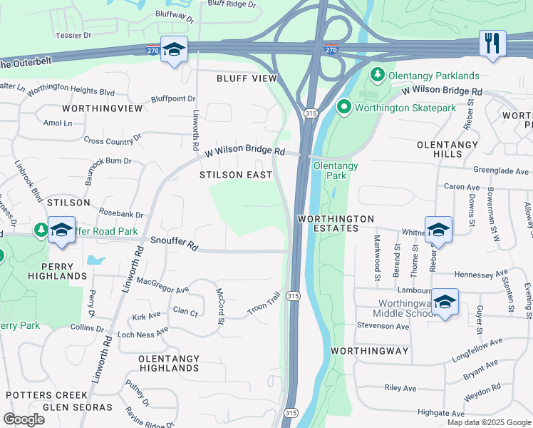 map of restaurants, bars, coffee shops, grocery stores, and more near 801 Curley's Court in Columbus
