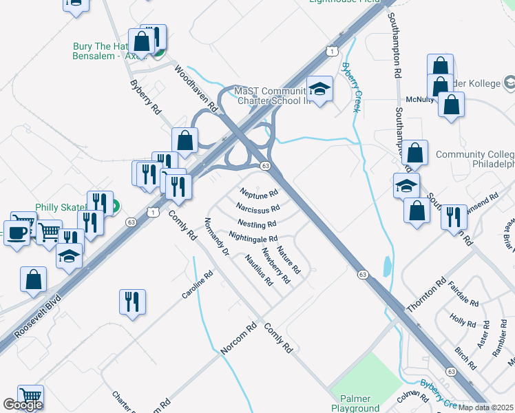 map of restaurants, bars, coffee shops, grocery stores, and more near 2834 Narcissus Road in Philadelphia