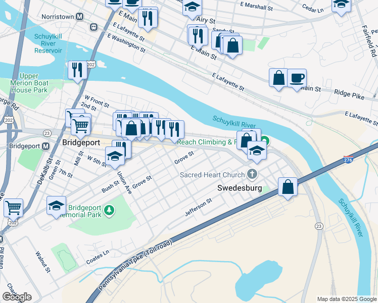 map of restaurants, bars, coffee shops, grocery stores, and more near 323 Grove Street in Bridgeport