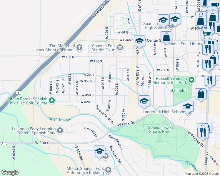 map of restaurants, bars, coffee shops, grocery stores, and more near 898 West 400 South in Spanish Fork