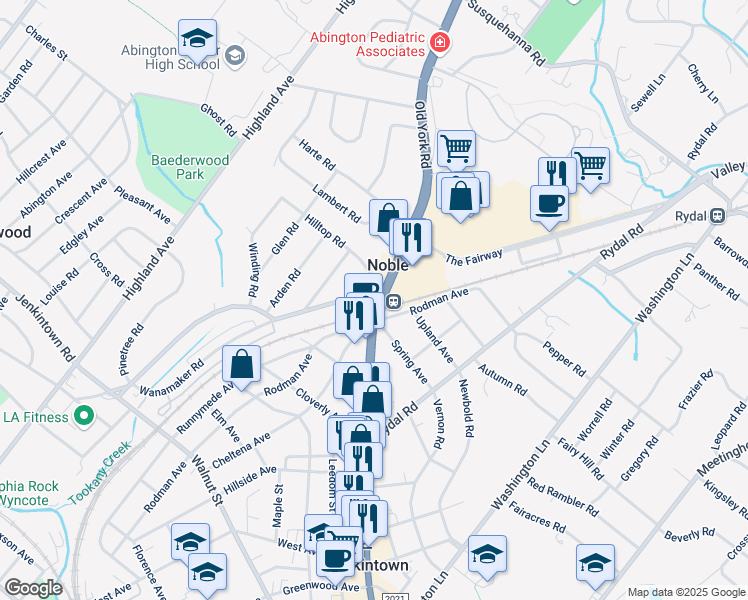 map of restaurants, bars, coffee shops, grocery stores, and more near 746 Old York Road in Jenkintown