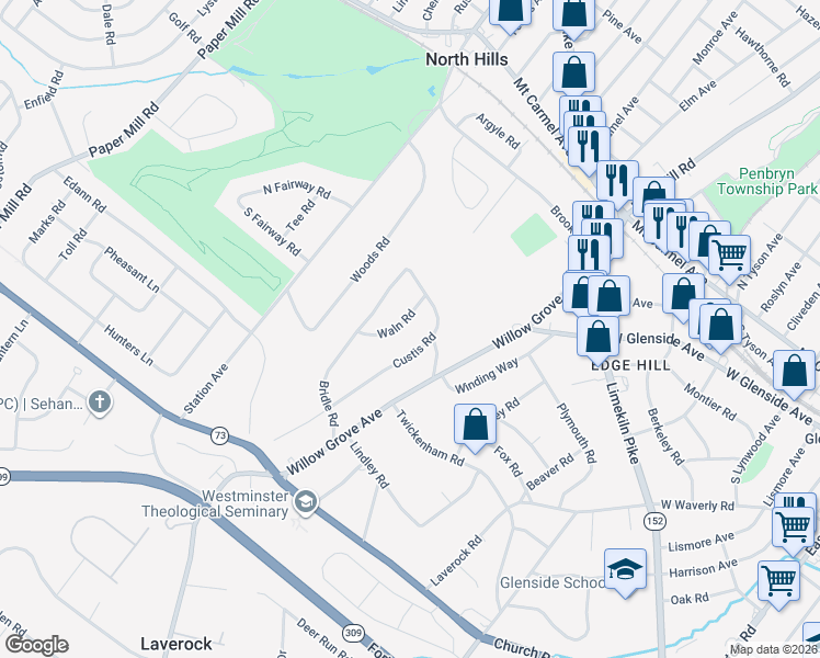 map of restaurants, bars, coffee shops, grocery stores, and more near 525 Waln Road in Glenside