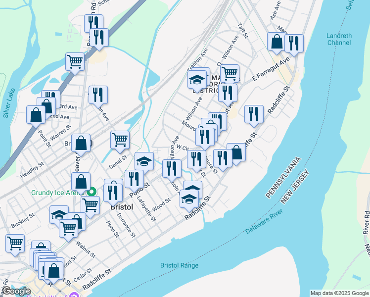 map of restaurants, bars, coffee shops, grocery stores, and more near West Circle in Bristol