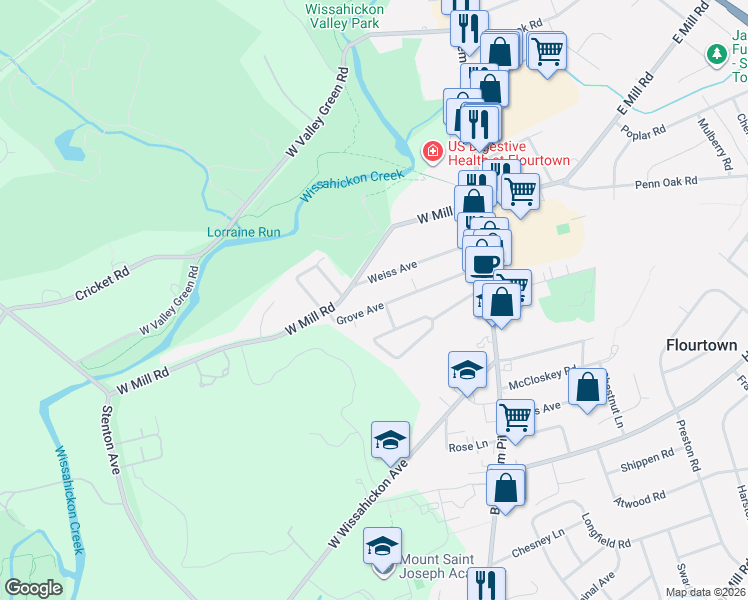 map of restaurants, bars, coffee shops, grocery stores, and more near 3 Schnell Avenue in Flourtown