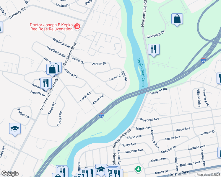 map of restaurants, bars, coffee shops, grocery stores, and more near 729 Cliff Road in Bensalem