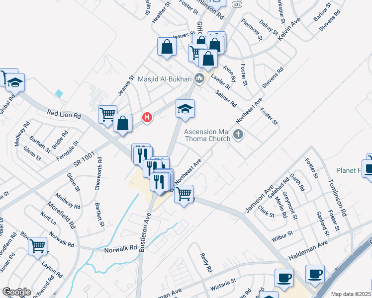 map of restaurants, bars, coffee shops, grocery stores, and more near 1010 Gorman Street in Philadelphia