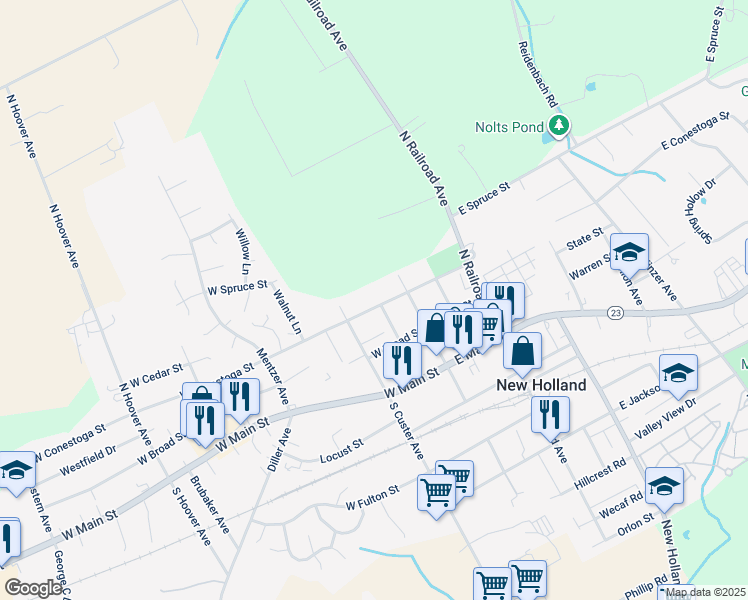 map of restaurants, bars, coffee shops, grocery stores, and more near 115 West Conestoga Street in New Holland
