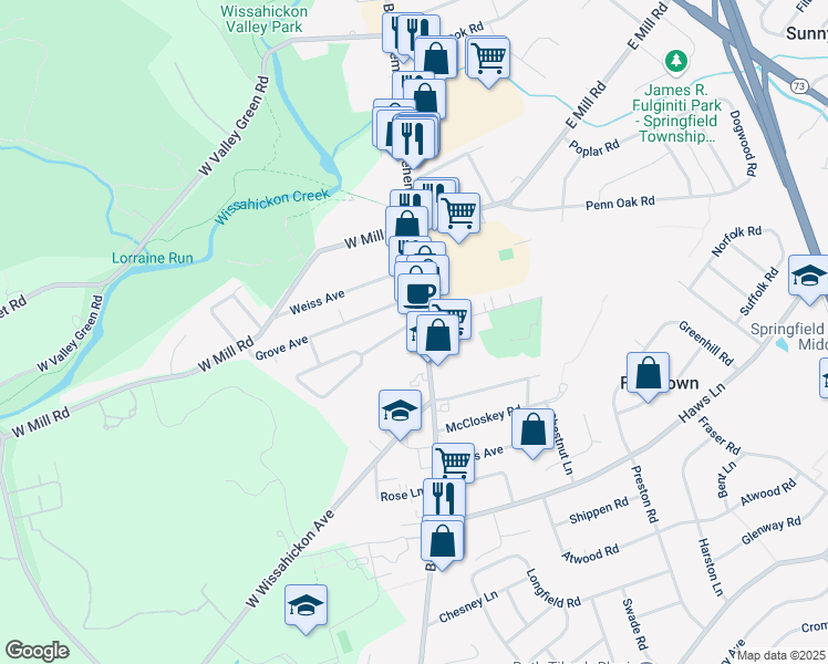 map of restaurants, bars, coffee shops, grocery stores, and more near 1432 State Route 2018 in Flourtown
