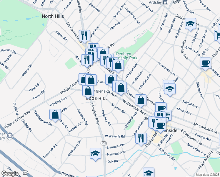 map of restaurants, bars, coffee shops, grocery stores, and more near 437 West Glenside Avenue in Glenside