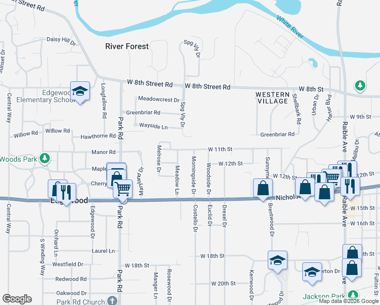 map of restaurants, bars, coffee shops, grocery stores, and more near 1122 Morningside Drive in Anderson