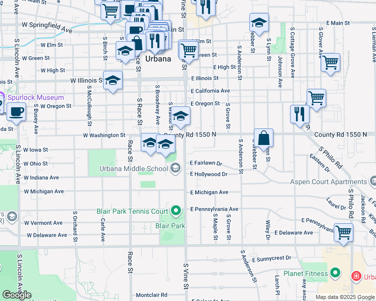 map of restaurants, bars, coffee shops, grocery stores, and more near 304 East Fairlawn Drive in Urbana