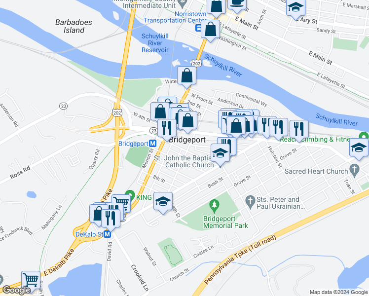 map of restaurants, bars, coffee shops, grocery stores, and more near 107 West 5th Street in Bridgeport