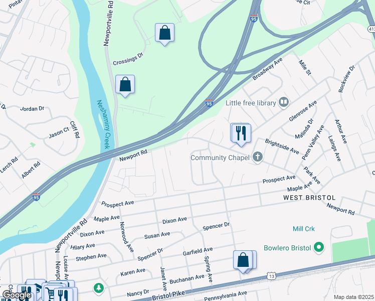 map of restaurants, bars, coffee shops, grocery stores, and more near 1974 Colonial Drive in Croydon