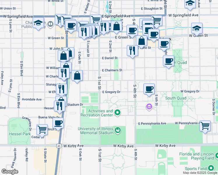 map of restaurants, bars, coffee shops, grocery stores, and more near 1110 South 2nd Street in Champaign