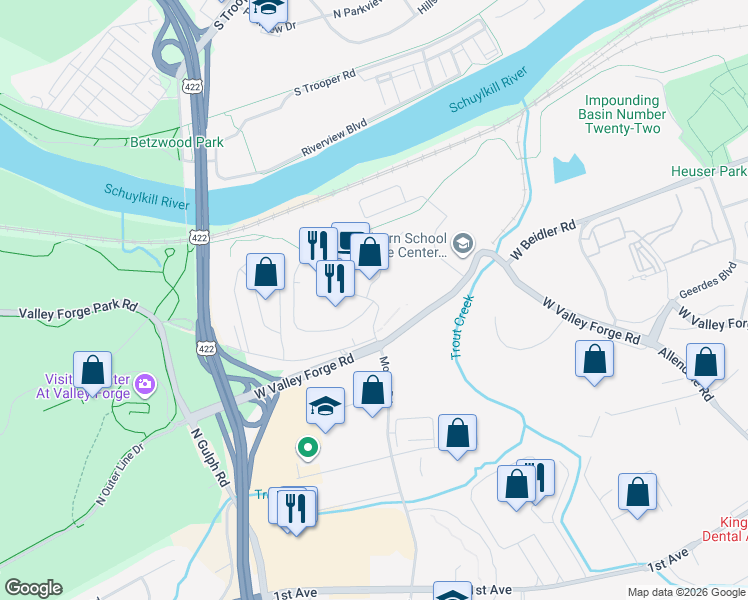 map of restaurants, bars, coffee shops, grocery stores, and more near 2846 Valley Forge Circle in King of Prussia