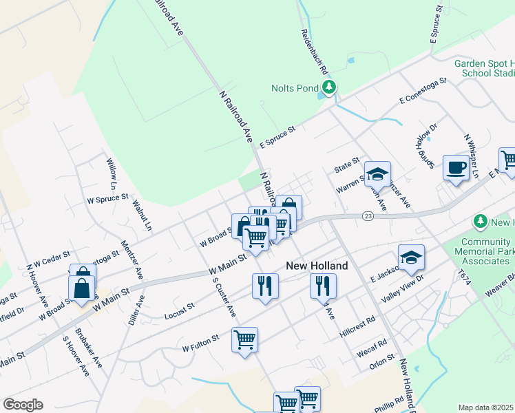 map of restaurants, bars, coffee shops, grocery stores, and more near 1 Kutz Avenue in New Holland