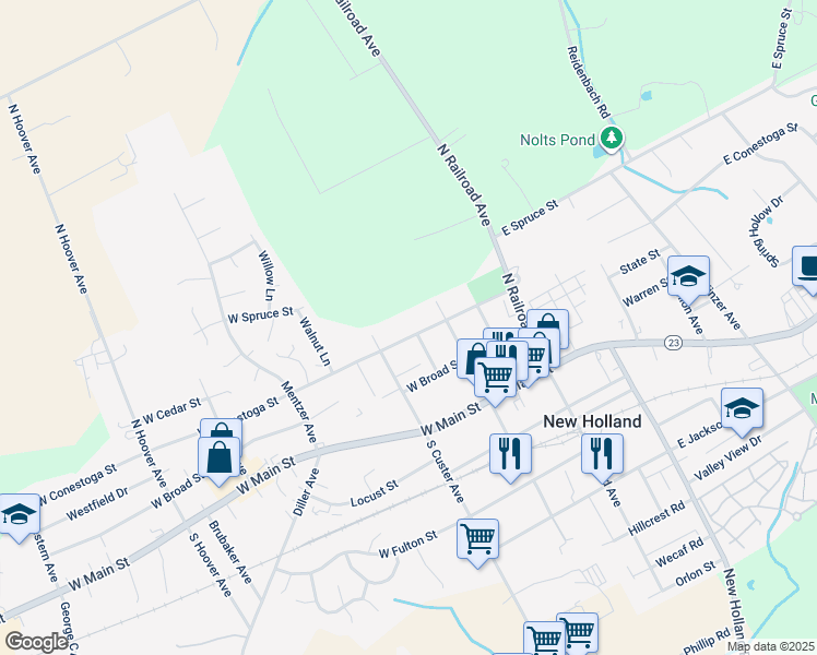 map of restaurants, bars, coffee shops, grocery stores, and more near 115 West Conestoga Street in New Holland