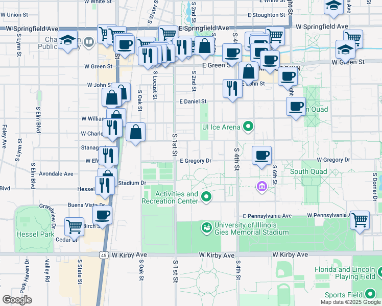 map of restaurants, bars, coffee shops, grocery stores, and more near 1110 South 2nd Street in Champaign