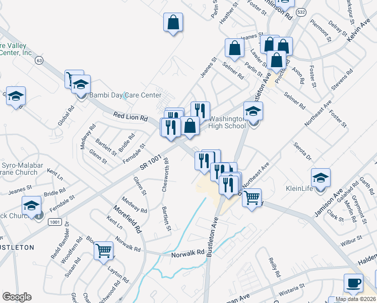 map of restaurants, bars, coffee shops, grocery stores, and more near 808 Red Lion Road in Philadelphia