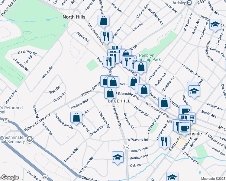 map of restaurants, bars, coffee shops, grocery stores, and more near 542 West Glenside Avenue in Glenside