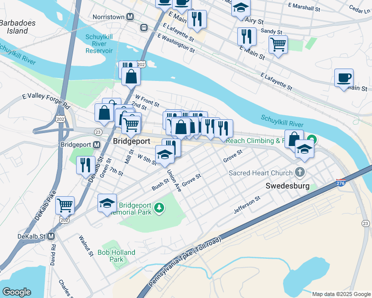 map of restaurants, bars, coffee shops, grocery stores, and more near 64 East Rambo Street in Bridgeport