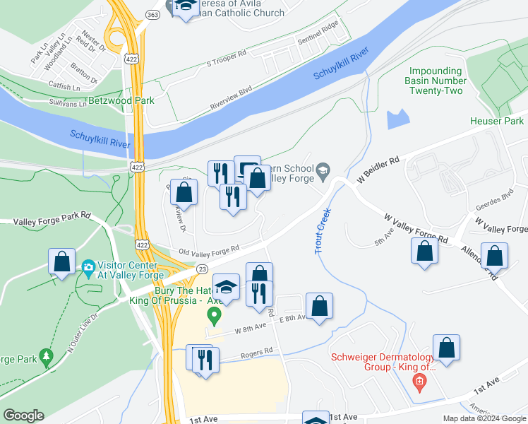 map of restaurants, bars, coffee shops, grocery stores, and more near 2846 Valley Forge Circle in King of Prussia