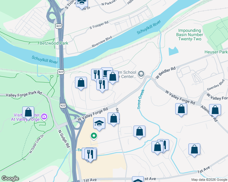 map of restaurants, bars, coffee shops, grocery stores, and more near 2846 Valley Forge Circle in King of Prussia