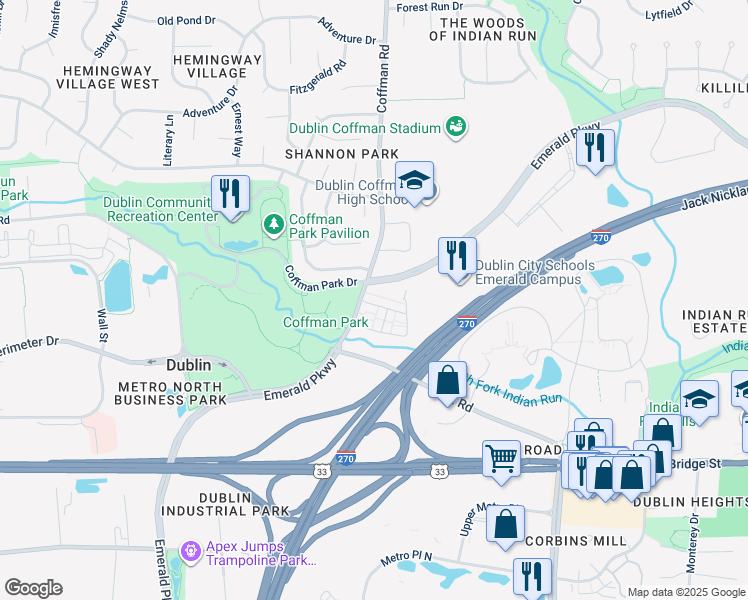 map of restaurants, bars, coffee shops, grocery stores, and more near 5248 Willow Grove Place South in Dublin