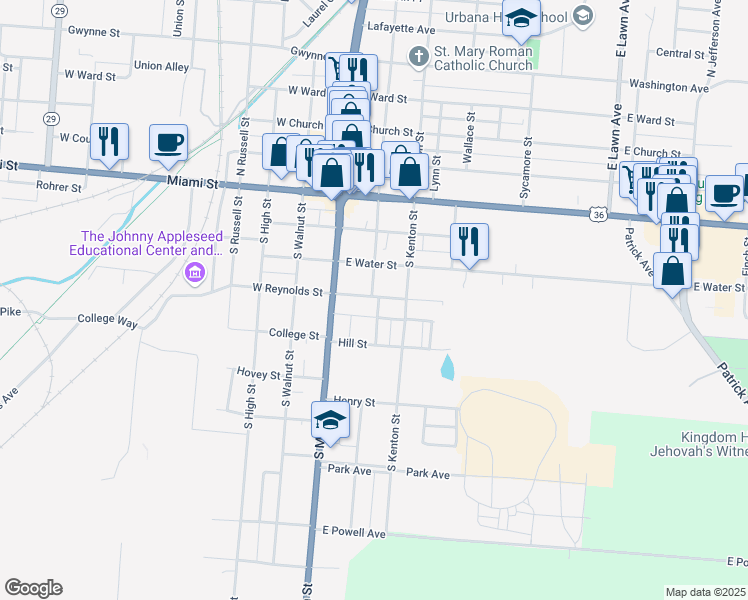 map of restaurants, bars, coffee shops, grocery stores, and more near 420 Buckeye Street in Urbana