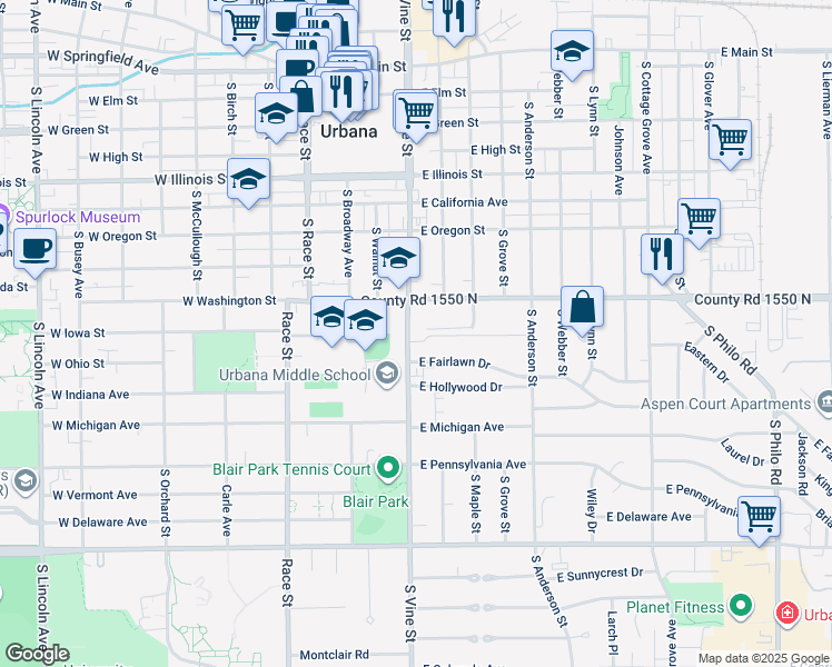 map of restaurants, bars, coffee shops, grocery stores, and more near 304 East Fairlawn Drive in Urbana