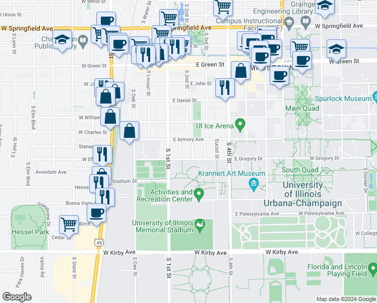 map of restaurants, bars, coffee shops, grocery stores, and more near 102 East Gregory Drive in Champaign