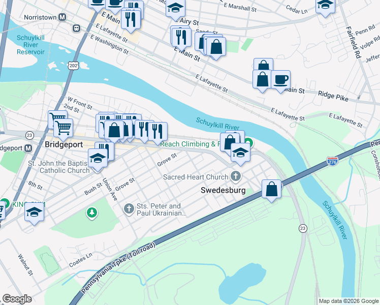 map of restaurants, bars, coffee shops, grocery stores, and more near 302 Prospect Avenue in Bridgeport