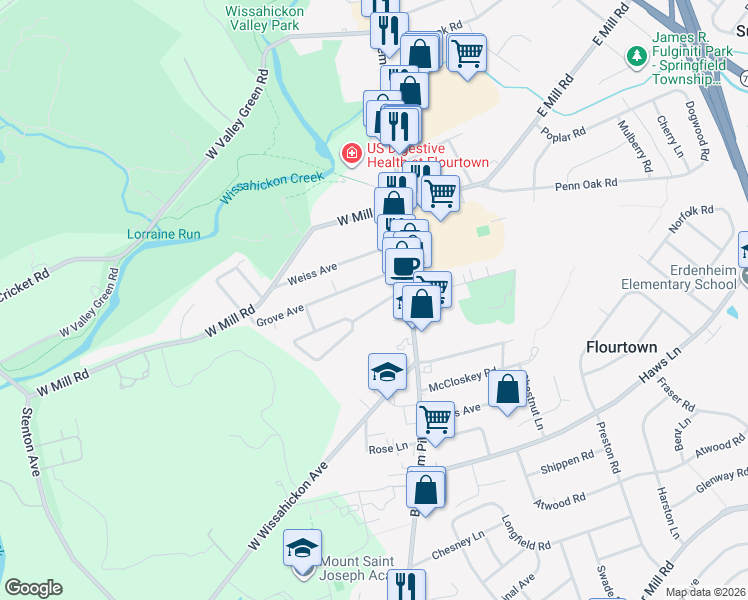 map of restaurants, bars, coffee shops, grocery stores, and more near 32 College Avenue in Flourtown