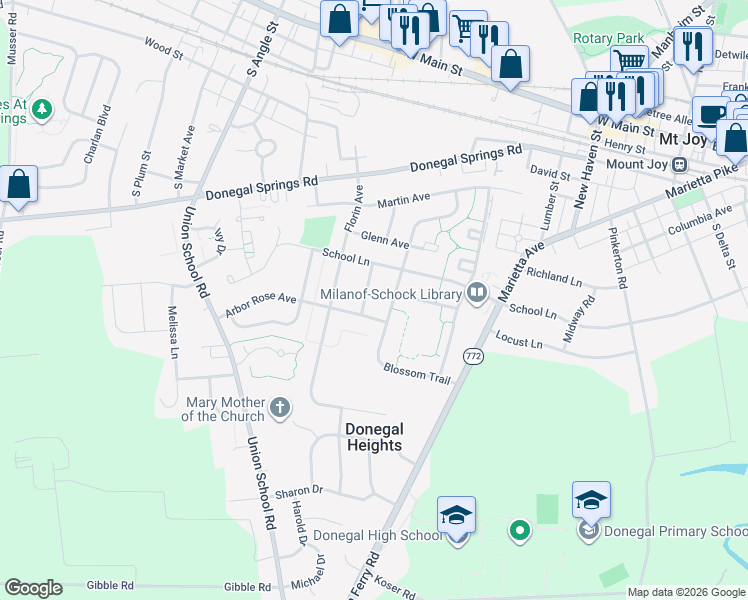 map of restaurants, bars, coffee shops, grocery stores, and more near 539 Blossom Trail in Mount Joy