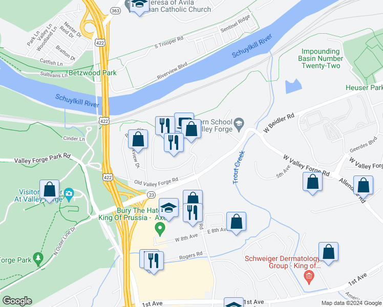 map of restaurants, bars, coffee shops, grocery stores, and more near 21259 Valley Forge Circle in King of Prussia